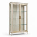 Vitrine en bois et verre blanc cassé et doré, 100 × 40 × 190 cm, 2 portes vitrées et 3 étagères
