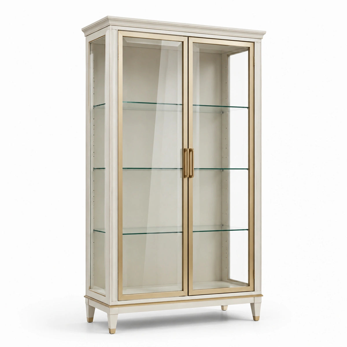 Vitrine en bois et verre blanc cassé et doré, 100 × 40 × 190 cm, 2 portes vitrées et 3 étagères