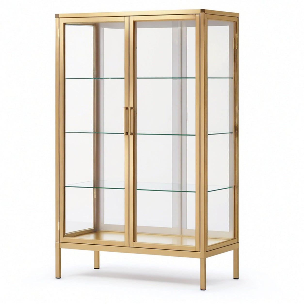 Vitrine en métal doré et verre transparent, 2 portes, 3 étagères, 90 × 40 × 160 cm