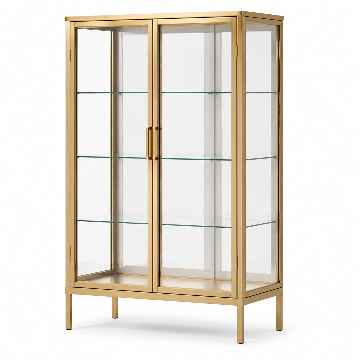 Vitrine en métal doré et verre transparent, 2 portes, 3 étagères, 90 × 40 × 160 cm