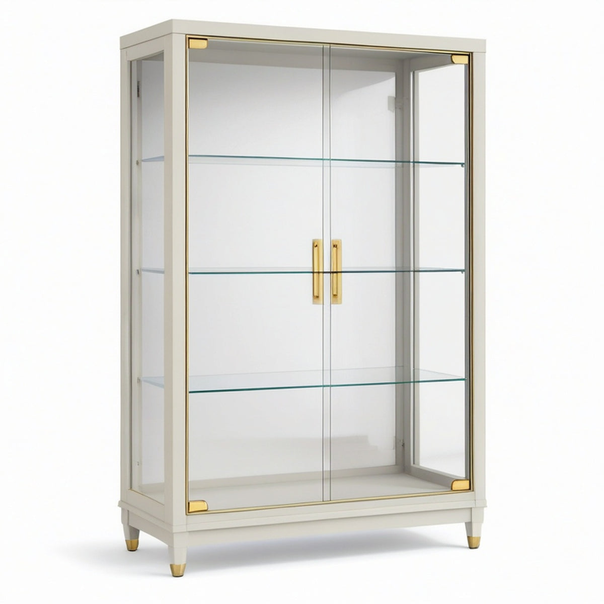 Vitrine en verre et bois blanc avec finitions dorées, 2 portes, 3 étagères, 100 x 40 x 180 cm