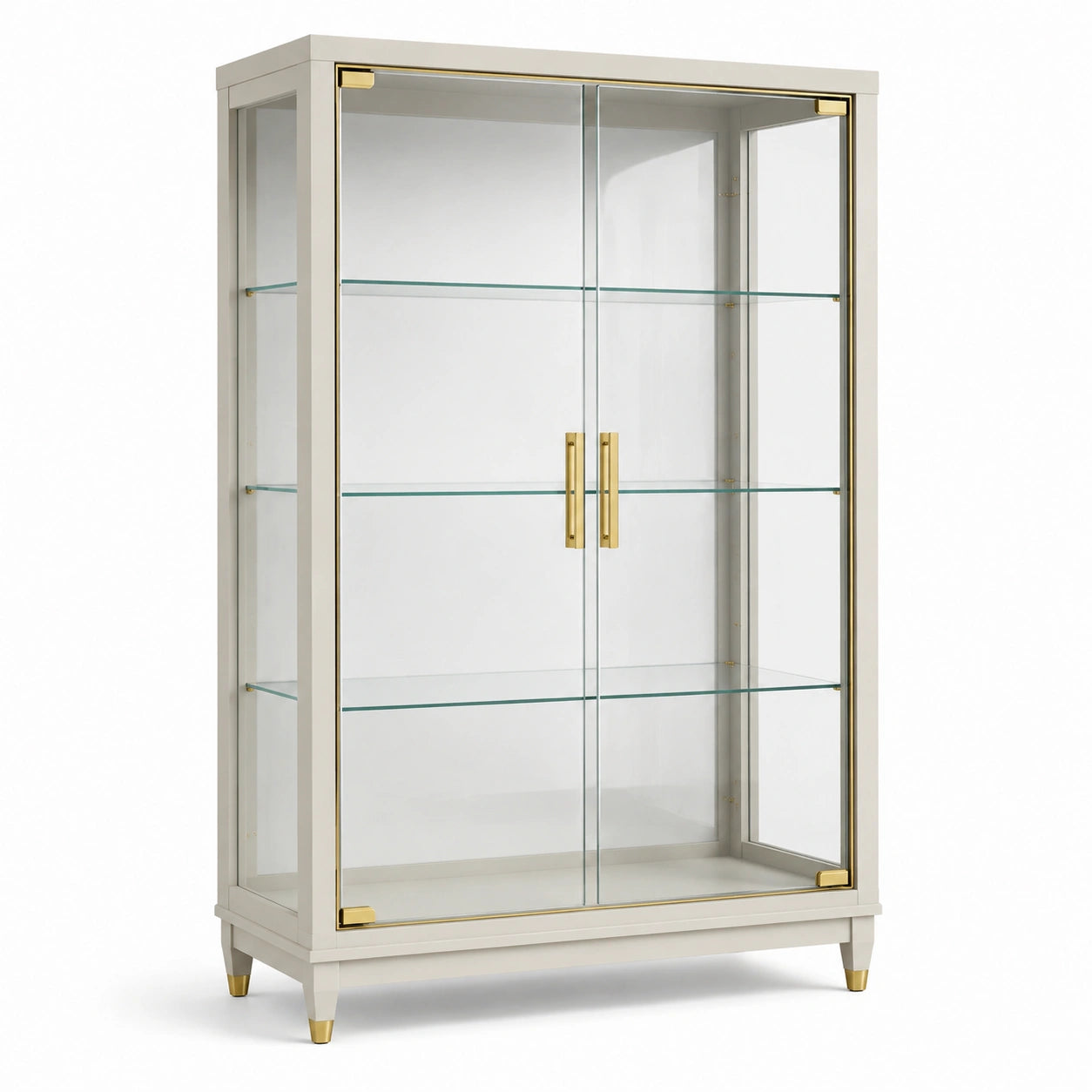 Vitrine en verre et bois blanc avec finitions dorées, 2 portes, 3 étagères, 100 x 40 x 180 cm