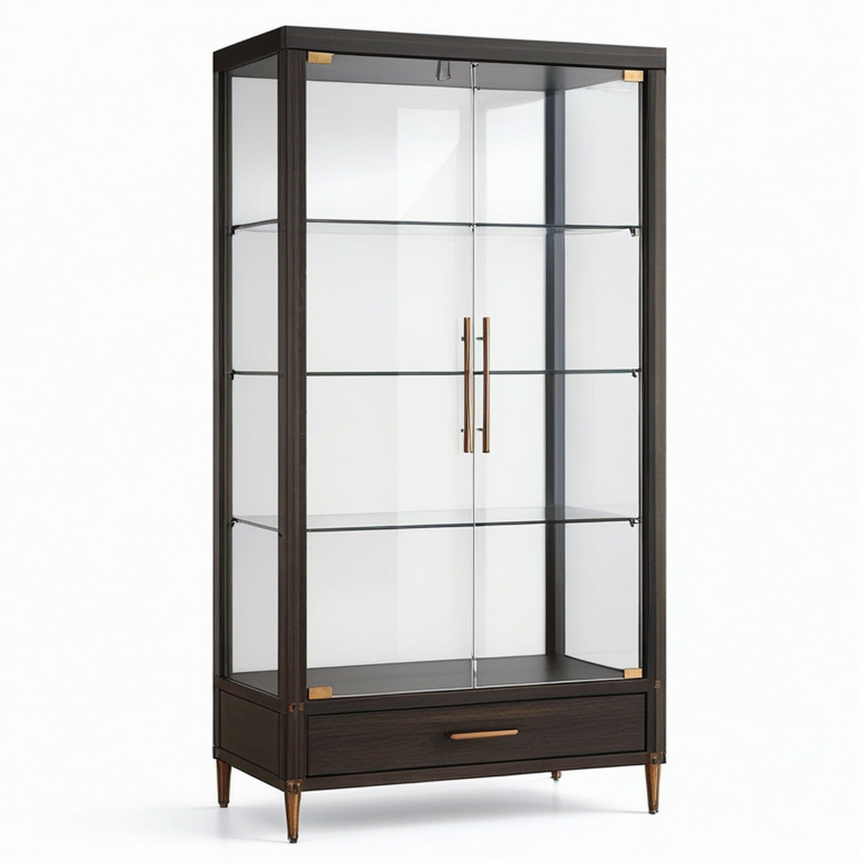 Vitrine en bois et verre brun foncé 90 × 40 × 180 cm avec 2 portes, 3 étagères et 1 tiroir