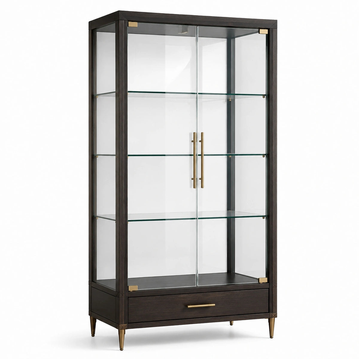 Vitrine en bois et verre brun foncé 90 × 40 × 180 cm avec 2 portes, 3 étagères et 1 tiroir