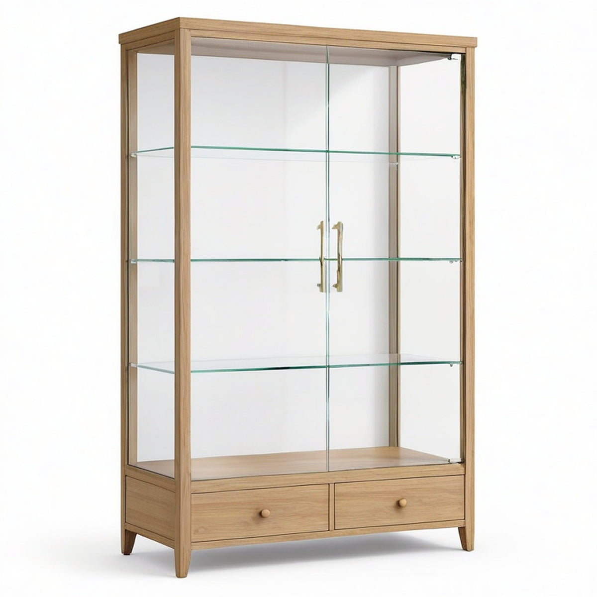 Vitrine à 2 portes et 2 tiroirs, effet chêne naturel et verre transparent, 100 × 40 × 180 cm