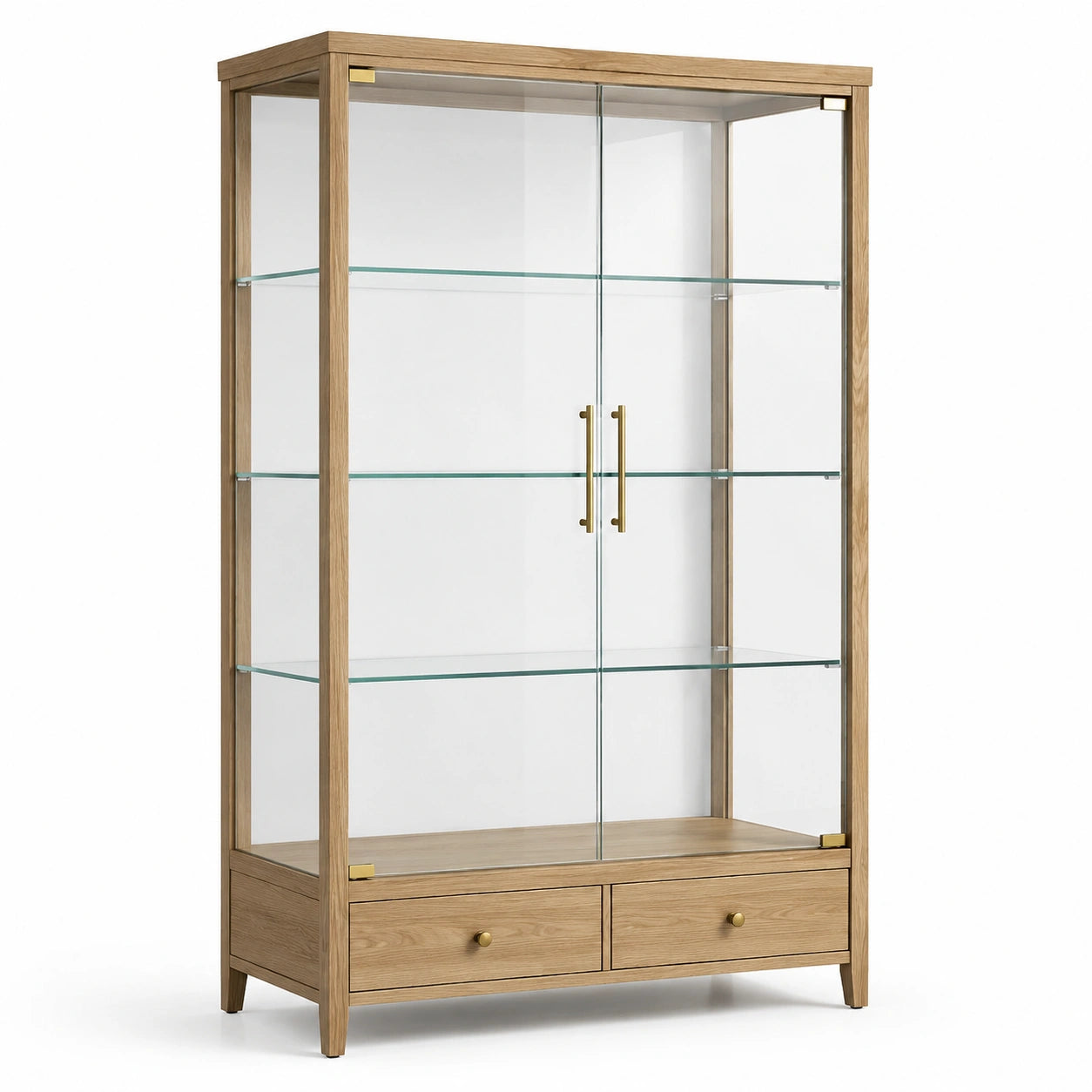 Vitrine à 2 portes et 2 tiroirs, effet chêne naturel et verre transparent, 100 × 40 × 180 cm