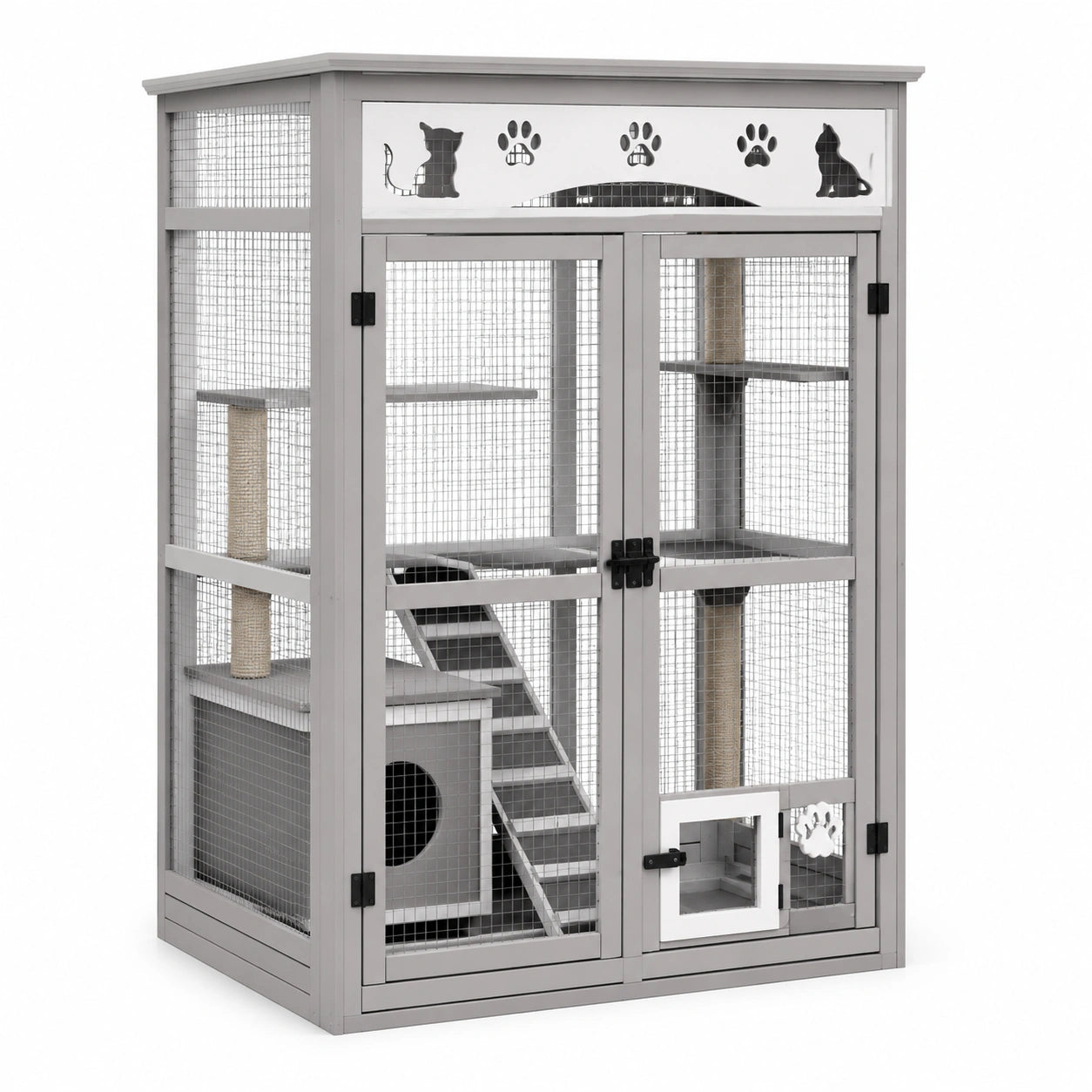 Enclos pour chat en bois gris et grillage métallique, 91 × 60 × 131 cm, avec plateformes, maisonnette et griffoirs