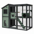 Enclos pour chats en bois et grillage avec abri, rampe et plateformes, vert sauge et noir, 200 × 100 × 180 cm