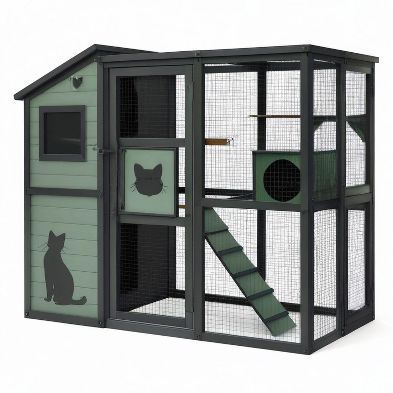 Enclos pour chats en bois et grillage avec abri, rampe et plateformes, vert sauge et noir, 200 × 100 × 180 cm