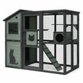 Enclos pour chats en bois et grillage avec abri, rampe et plateformes, vert sauge et noir, 200 × 100 × 180 cm