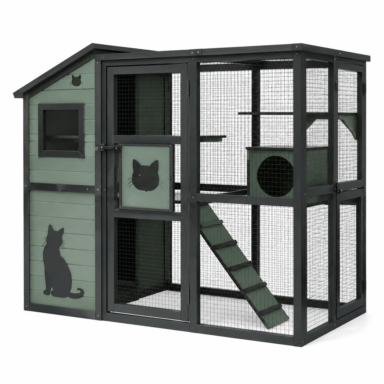Enclos pour chats en bois et grillage avec abri, rampe et plateformes, vert sauge et noir, 200 × 100 × 180 cm