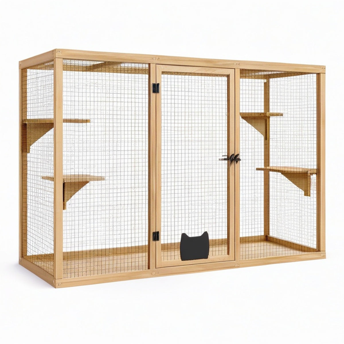 Enclos pour chats en bois naturel et grillage métallique noir avec 4 plateformes, 180 × 80 × 120 cm