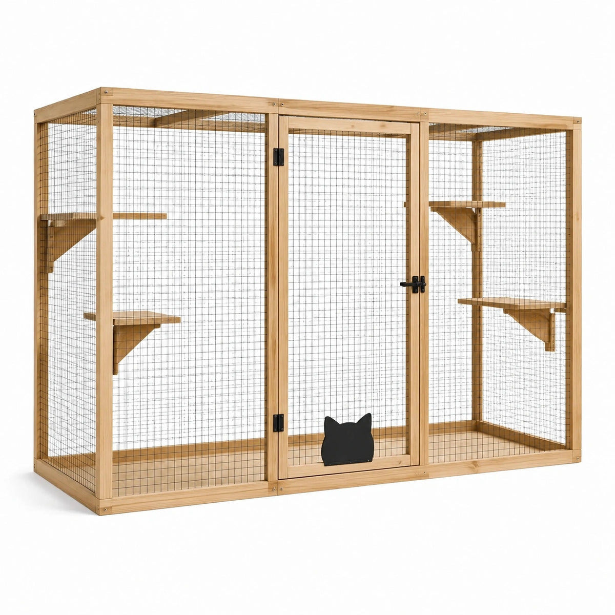 Enclos pour chats en bois naturel et grillage métallique noir avec 4 plateformes, 180 × 80 × 120 cm