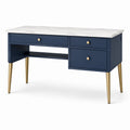 Bureau bleu marine avec plateau blanc effet marbre, pieds dorés et 3 tiroirs, 120 × 50 × 76 cm