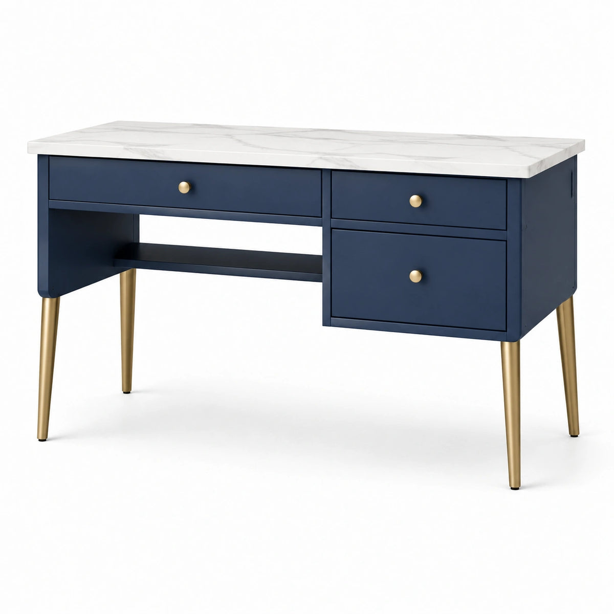 Bureau bleu marine avec plateau blanc effet marbre, pieds dorés et 3 tiroirs, 120 × 50 × 76 cm