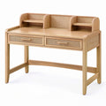 Bureau secrétaire en bois naturel et cannage beige avec 2 tiroirs et rangements, 120 × 60 × 105 cm