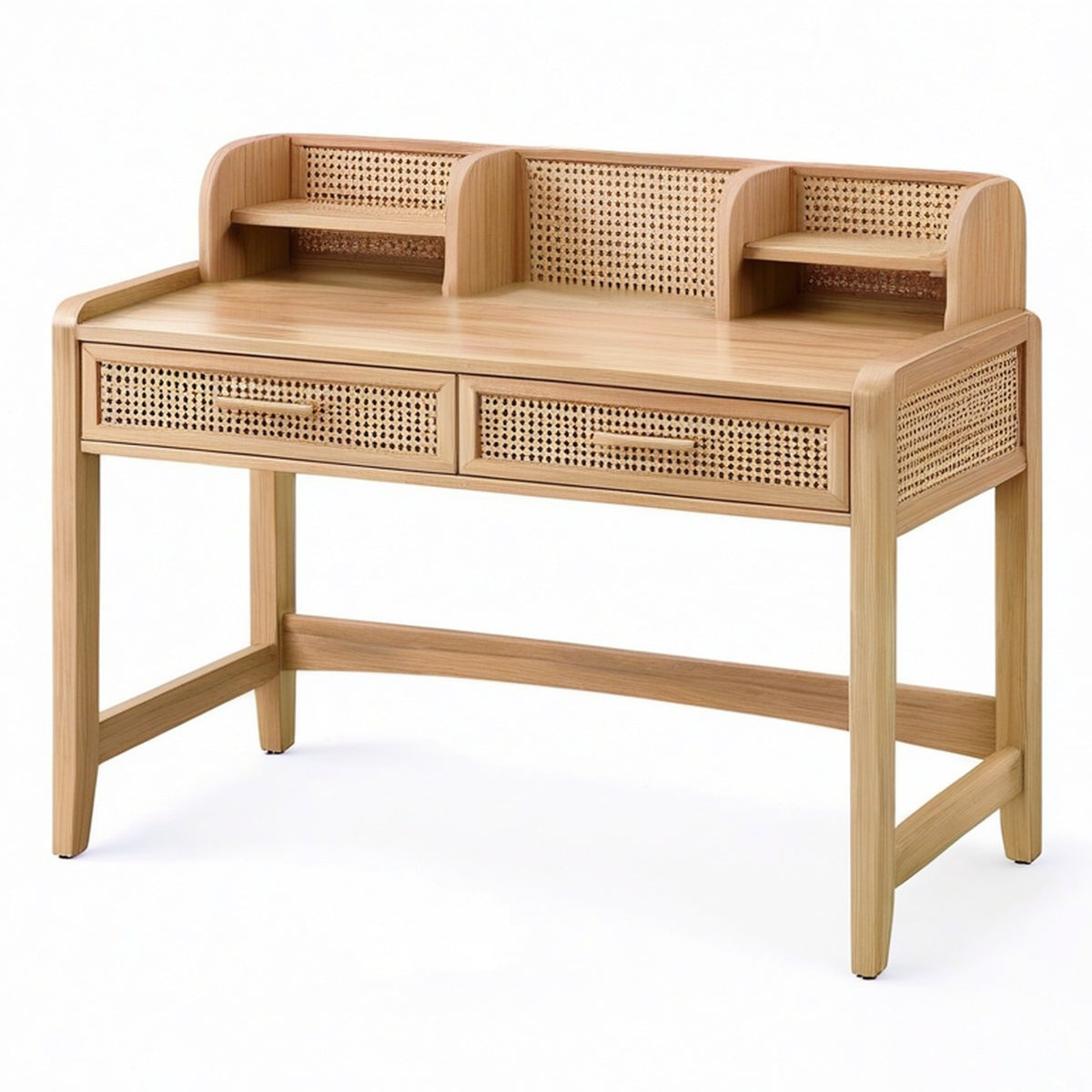 Bureau secrétaire en bois naturel et cannage beige avec 2 tiroirs et rangements, 120 × 60 × 105 cm