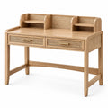 Bureau secrétaire en bois naturel et cannage beige avec 2 tiroirs et rangements, 120 × 60 × 105 cm