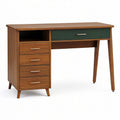 Bureau rétro à 5 tiroirs et niche ouverte, effet bois brun, vert foncé et doré, 120 × 55 × 76 cm