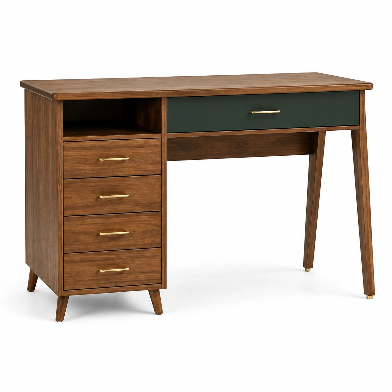 Bureau rétro à 5 tiroirs et niche ouverte, effet bois brun, vert foncé et doré, 120 × 55 × 76 cm