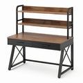 Bureau industriel brun et noir avec 2 étagères et 2 tiroirs, 120 × 60 × 150 cm