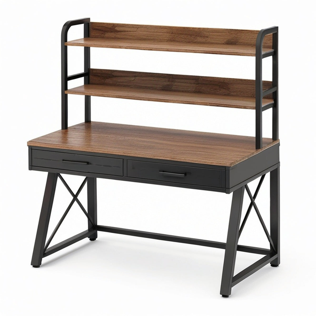 Bureau industriel brun et noir avec 2 étagères et 2 tiroirs, 120 × 60 × 150 cm