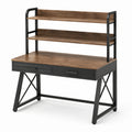Bureau industriel brun et noir avec 2 étagères et 2 tiroirs, 120 × 60 × 150 cm