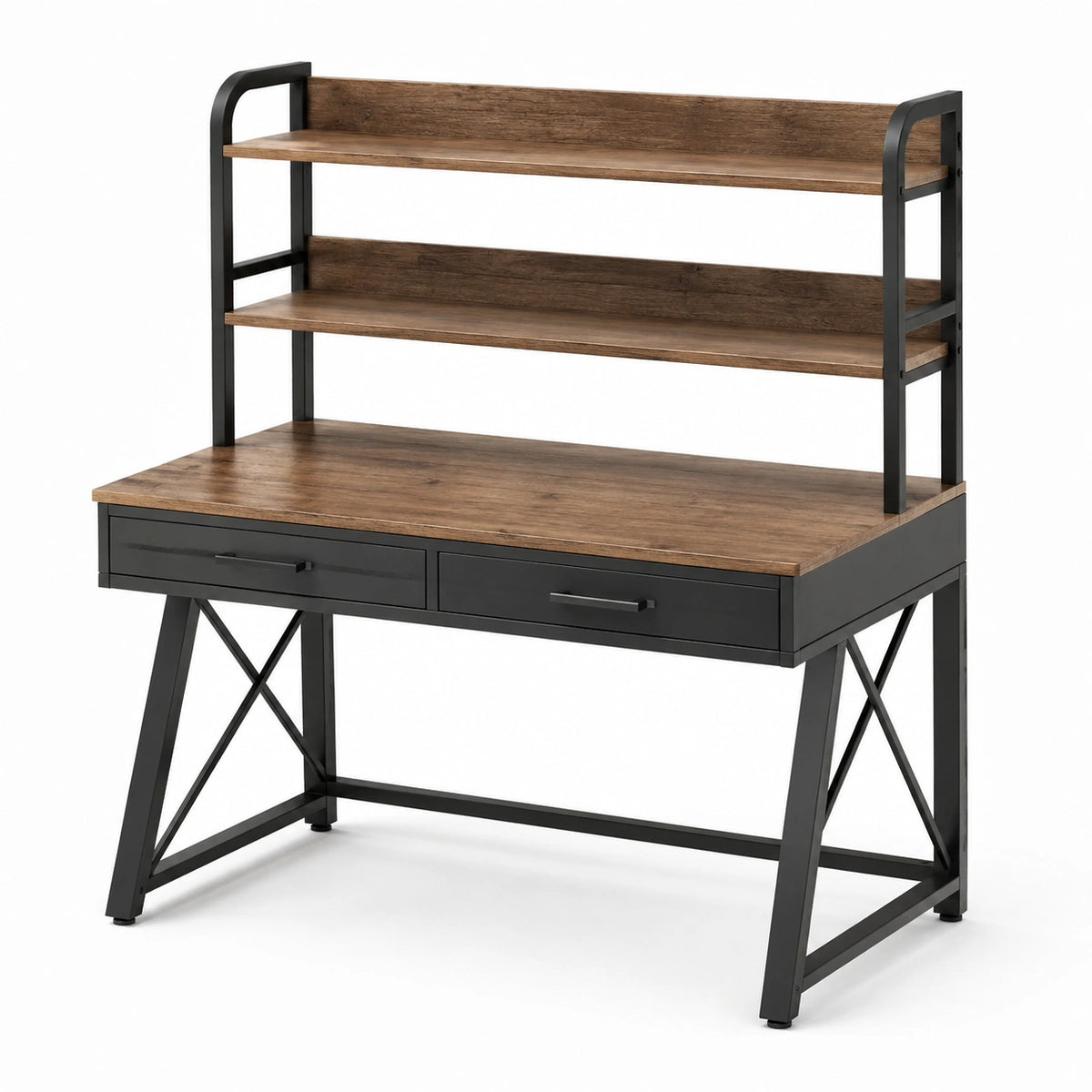 Bureau industriel brun et noir avec 2 étagères et 2 tiroirs, 120 × 60 × 150 cm
