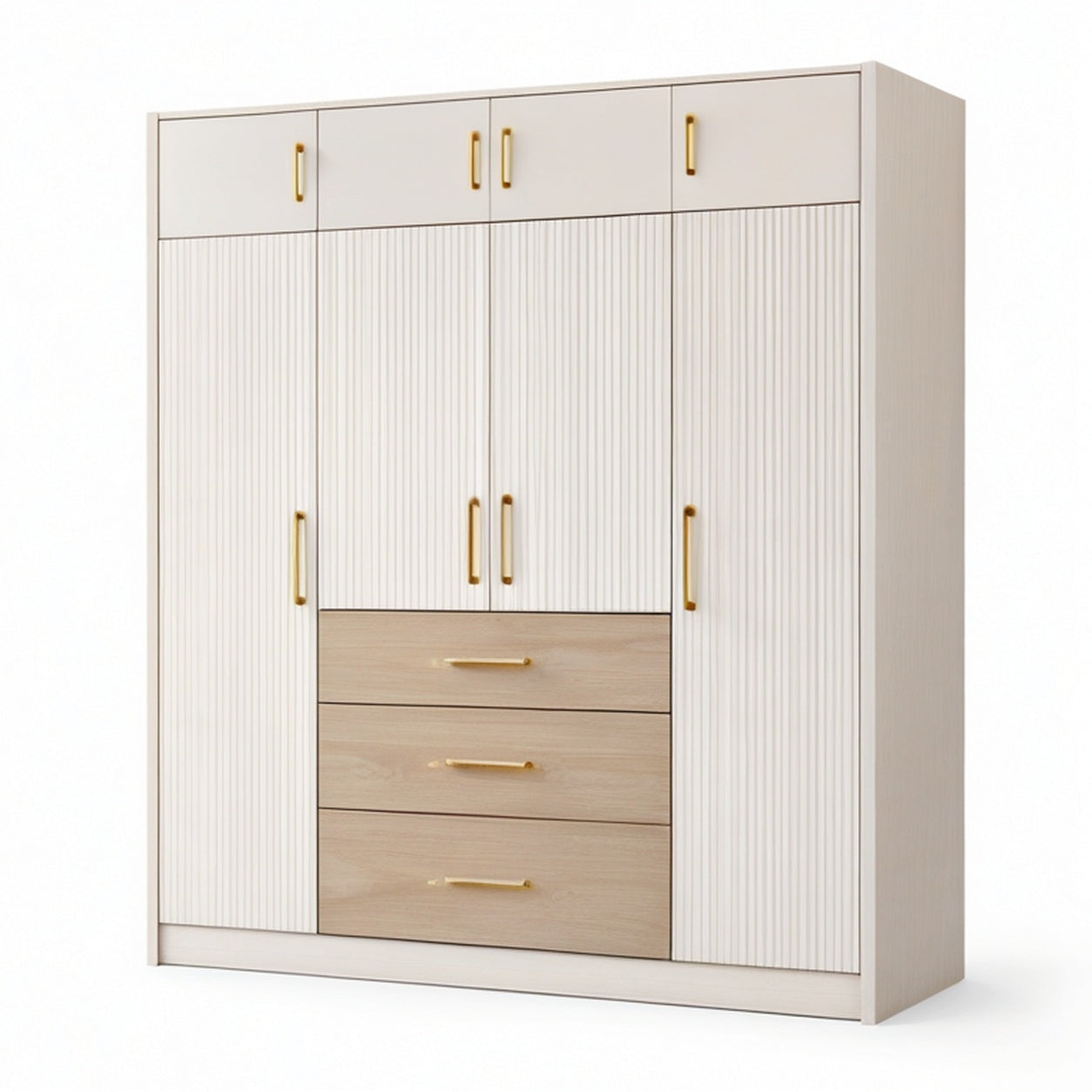 Armoire à 8 portes et 3 tiroirs, 180 × 55 × 210 cm, blanc cassé, chêne clair et doré, façades cannelées