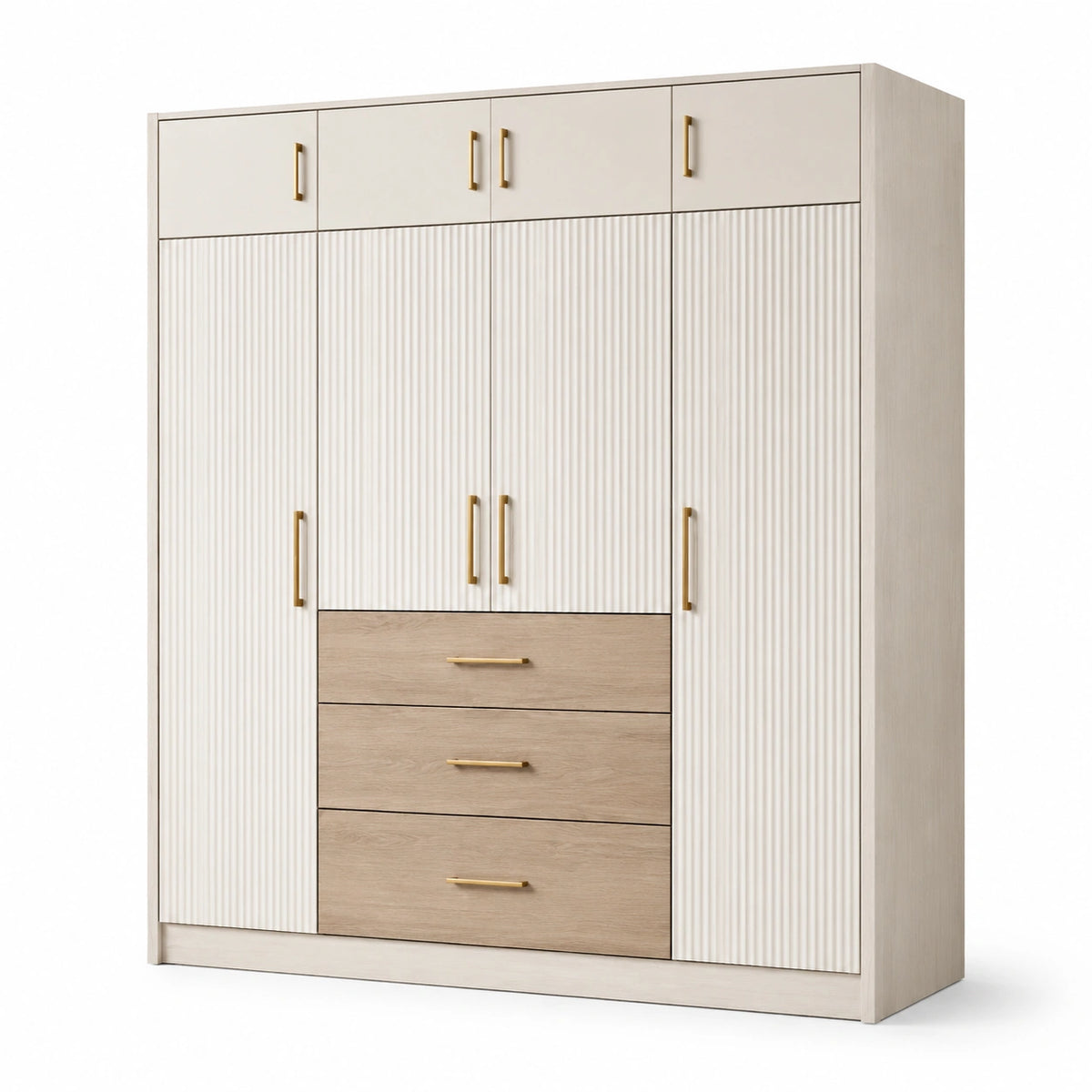 Armoire à 8 portes et 3 tiroirs, 180 × 55 × 210 cm, blanc cassé, chêne clair et doré, façades cannelées