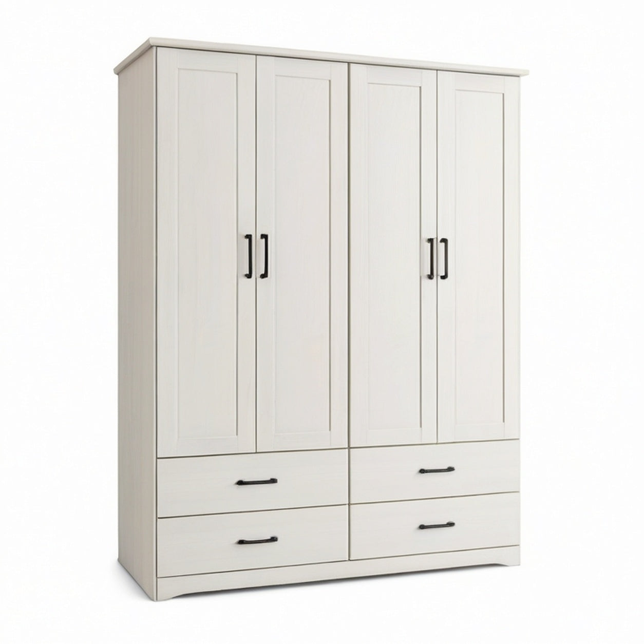 Armoire blanche à 4 portes et 4 tiroirs, poignées noires, 180 × 55 × 210 cm