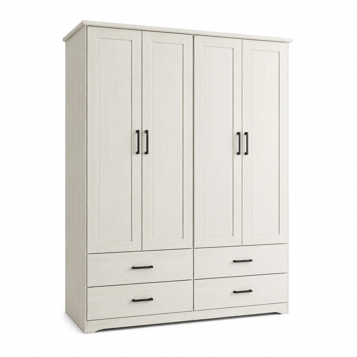 Armoire blanche à 4 portes et 4 tiroirs, poignées noires, 180 × 55 × 210 cm