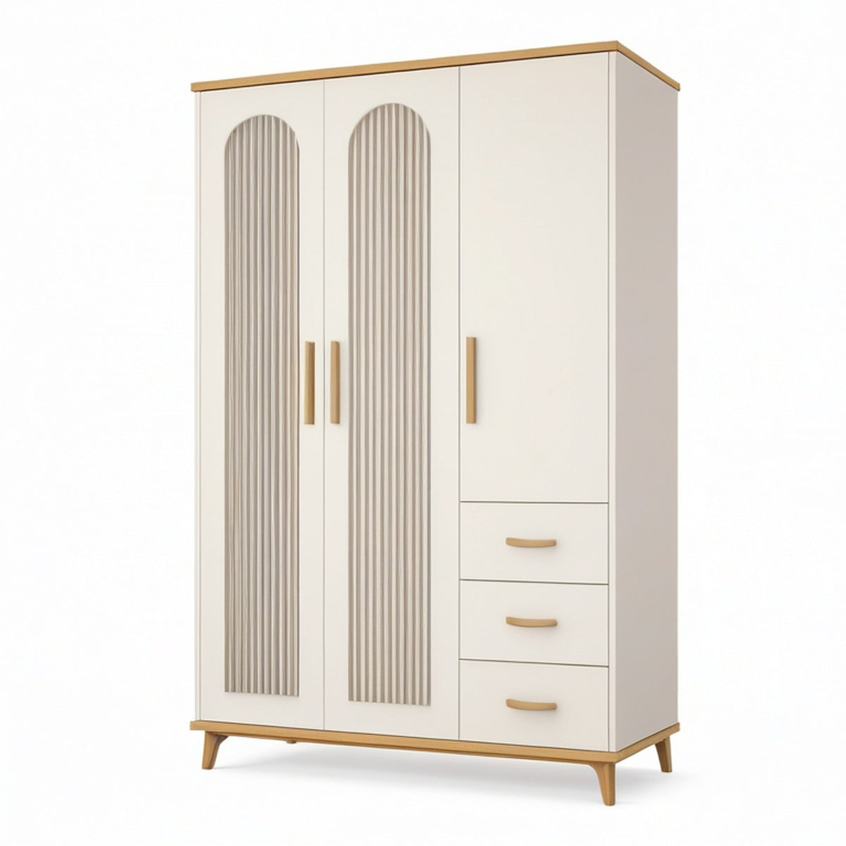 Armoire contemporaine à 3 portes et 3 tiroirs, 120 × 52 × 190 cm, blanc cassé et chêne clair