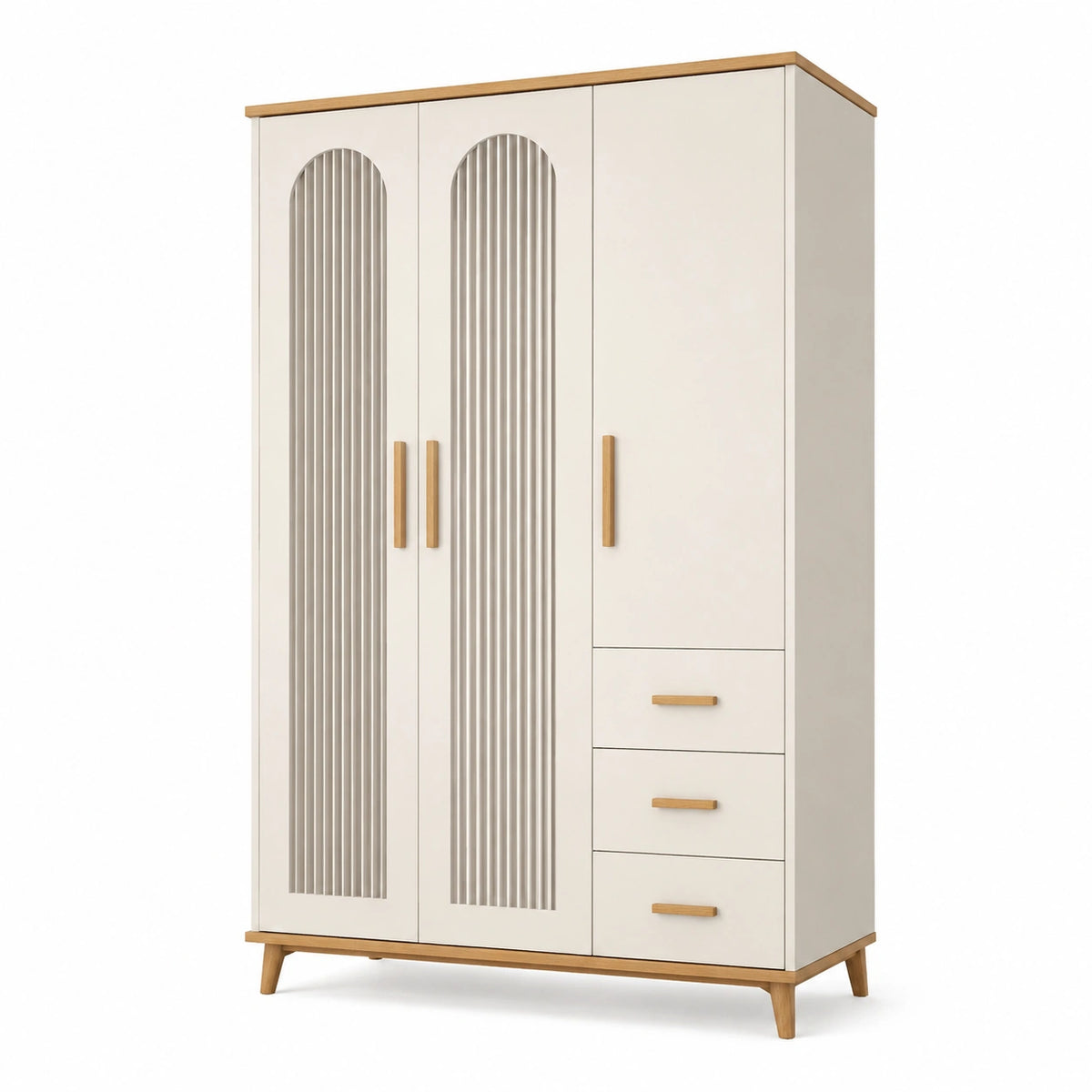 Armoire contemporaine à 3 portes et 3 tiroirs, 120 × 52 × 190 cm, blanc cassé et chêne clair