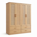 Armoire penderie finition chêne naturel et rotin, 4 portes cannées et 4 tiroirs, 180 × 55 × 200 cm