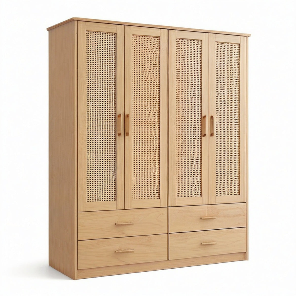 Armoire penderie finition chêne naturel et rotin, 4 portes cannées et 4 tiroirs, 180 × 55 × 200 cm