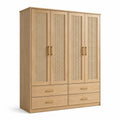 Armoire penderie finition chêne naturel et rotin, 4 portes cannées et 4 tiroirs, 180 × 55 × 200 cm