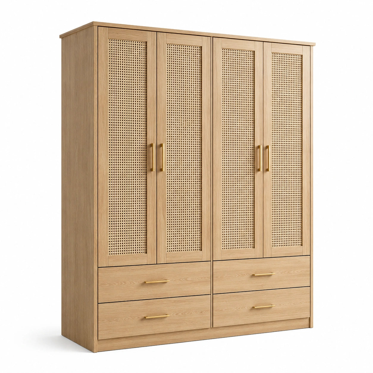 Armoire penderie finition chêne naturel et rotin, 4 portes cannées et 4 tiroirs, 180 × 55 × 200 cm