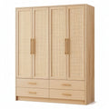 Armoire en bois clair avec cannage beige, 4 portes, 4 tiroirs et poignées dorées, 160 × 55 × 200 cm