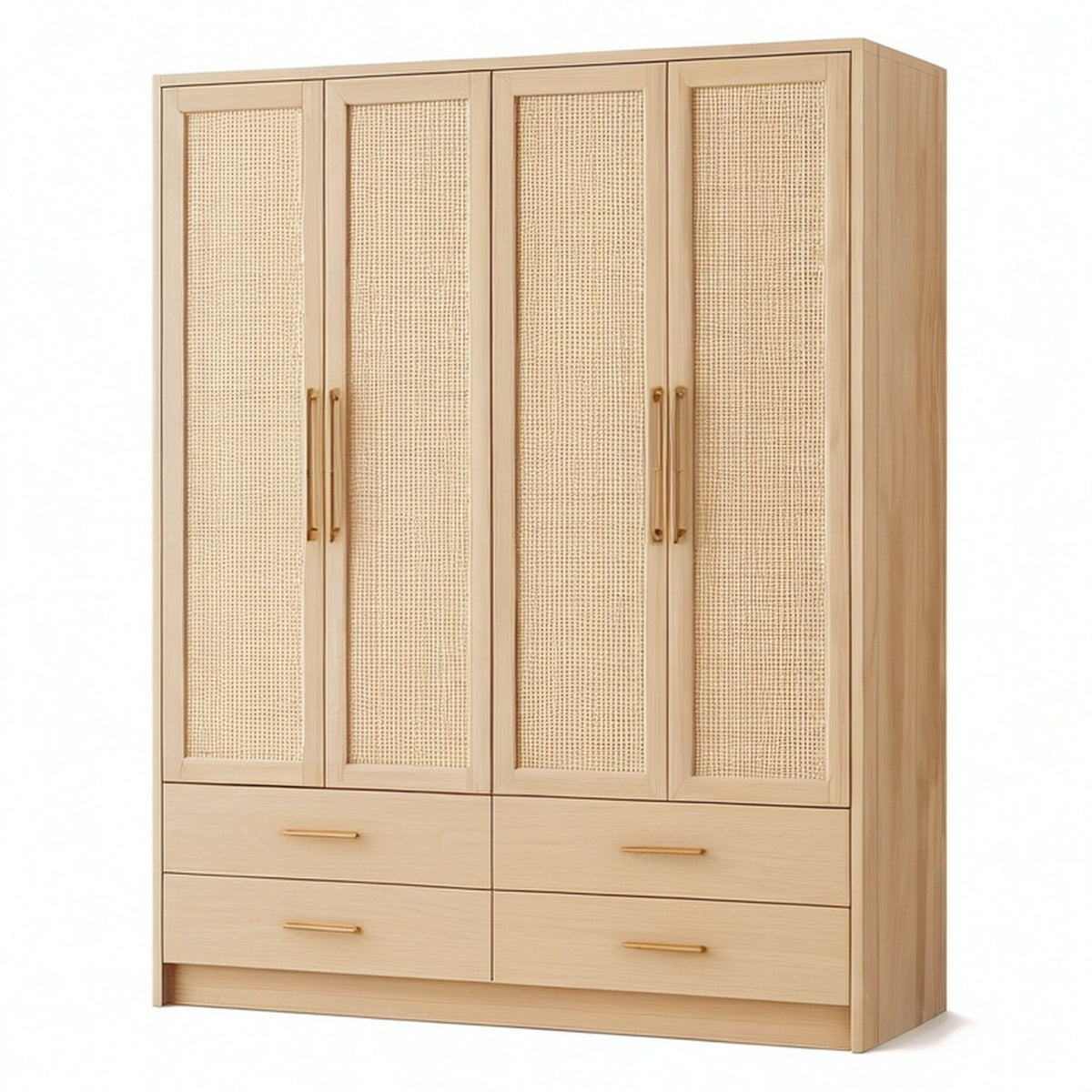 Armoire en bois clair avec cannage beige, 4 portes, 4 tiroirs et poignées dorées, 160 × 55 × 200 cm