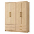 Armoire en bois clair avec cannage beige, 4 portes, 4 tiroirs et poignées dorées, 160 × 55 × 200 cm