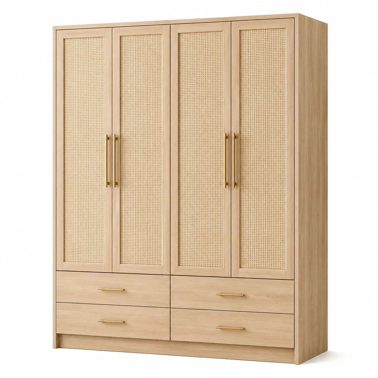 Armoire en bois clair avec cannage beige, 4 portes, 4 tiroirs et poignées dorées, 160 × 55 × 200 cm