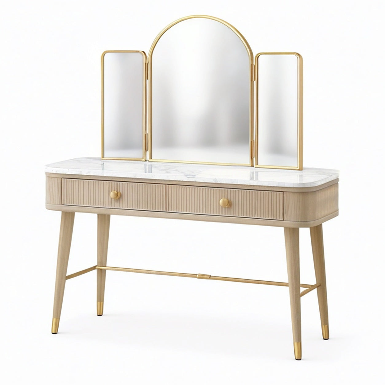 Coiffeuse en bois clair avec miroir triptyque, plateau blanc effet marbre, 2 tiroirs et détails dorés, 120 × 45 × 145 cm