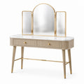 Coiffeuse en bois clair avec miroir triptyque, plateau blanc effet marbre, 2 tiroirs et détails dorés, 120 × 45 × 145 cm