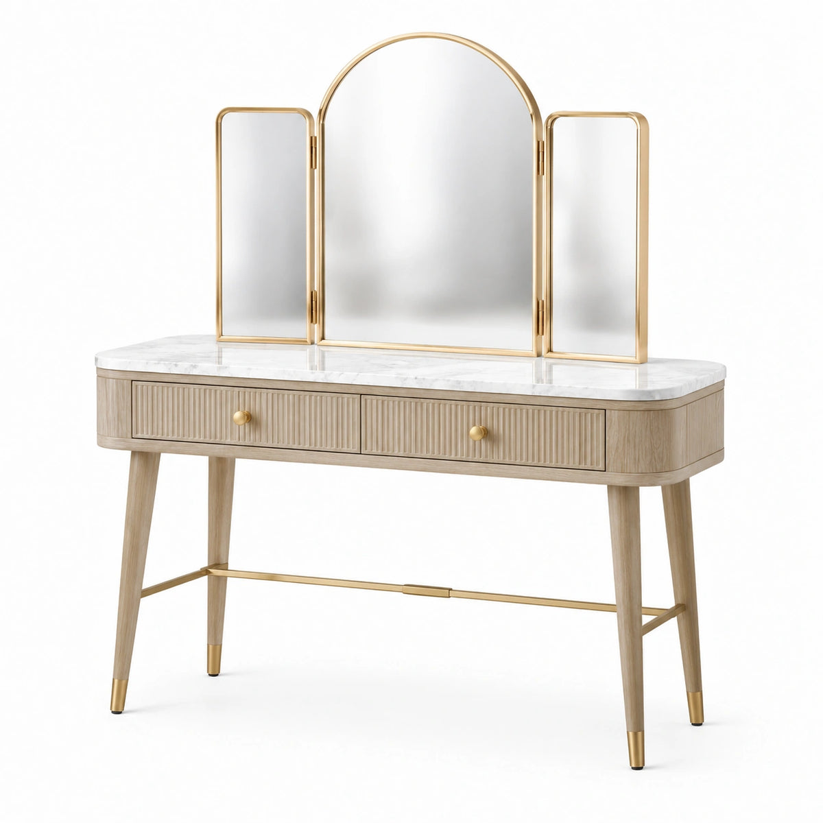 Coiffeuse en bois clair avec miroir triptyque, plateau blanc effet marbre, 2 tiroirs et détails dorés, 120 × 45 × 145 cm