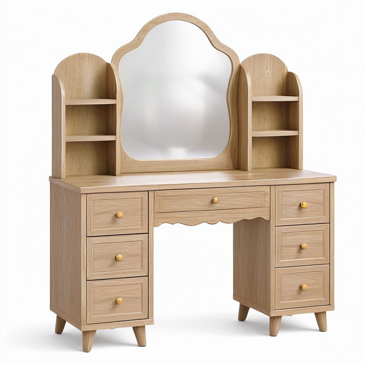 Coiffeuse avec miroir, 7 tiroirs et 6 niches, effet chêne naturel et doré, 120 × 45 × 150 cm