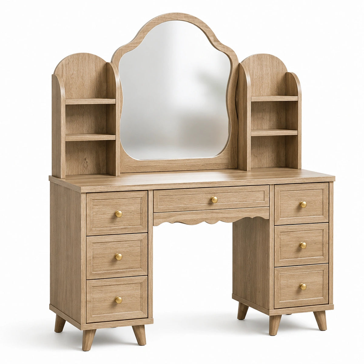 Coiffeuse avec miroir, 7 tiroirs et 6 niches, effet chêne naturel et doré, 120 × 45 × 150 cm