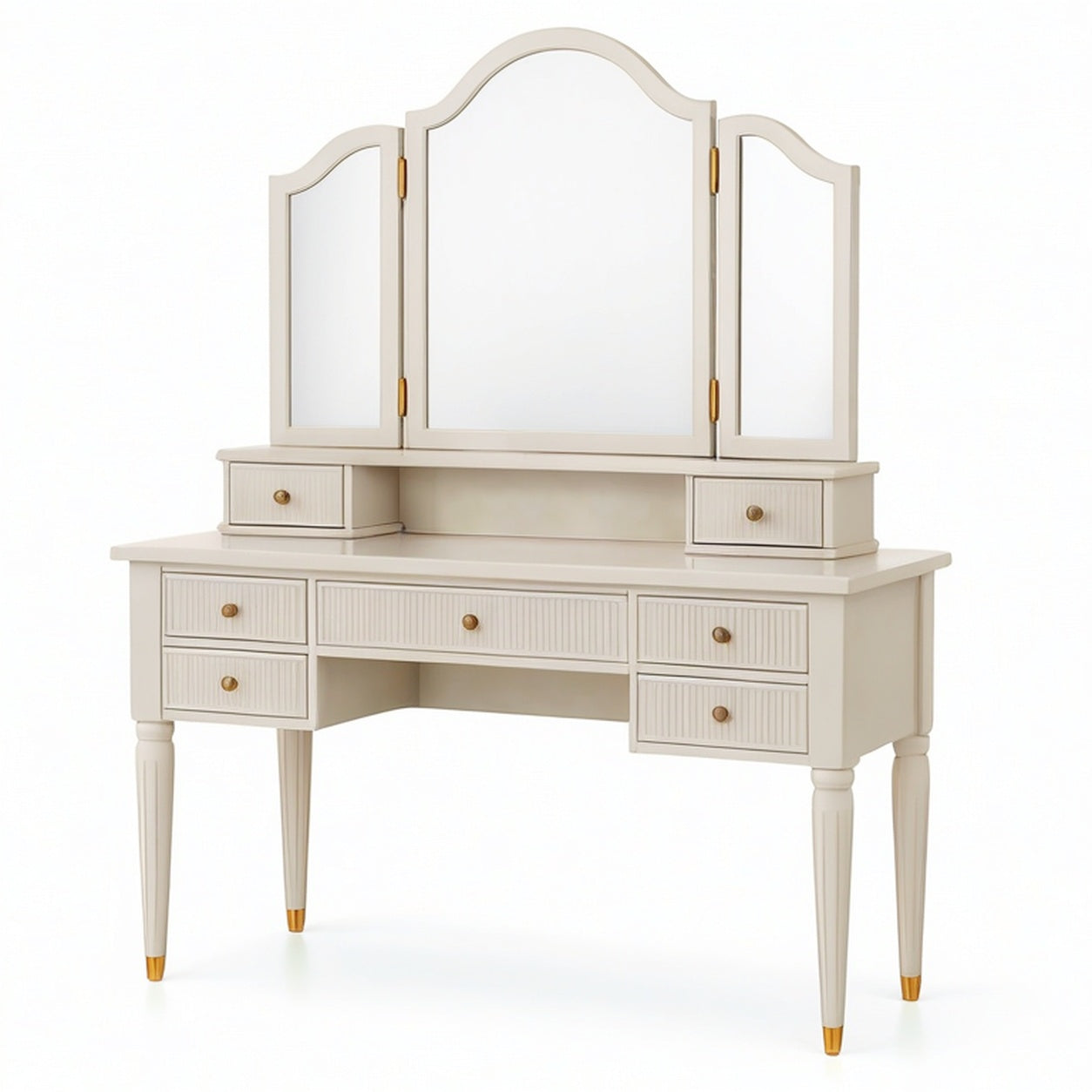 Meuble blanc cassé et doré 120 × 50 × 150 cm avec miroir triptyque orientable et 7 tiroirs