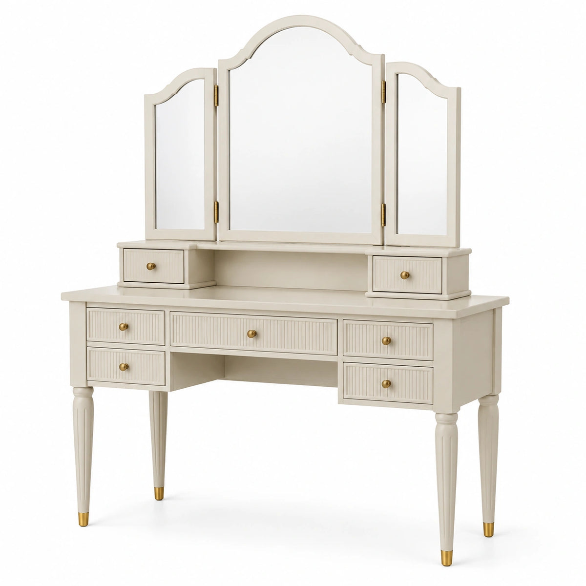 Meuble blanc cassé et doré 120 × 50 × 150 cm avec miroir triptyque orientable et 7 tiroirs