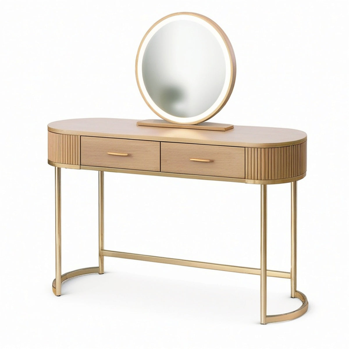 Coiffeuse avec miroir lumineux et 2 tiroirs, 120 × 40 × 140 cm, effet chêne naturel et métal doré